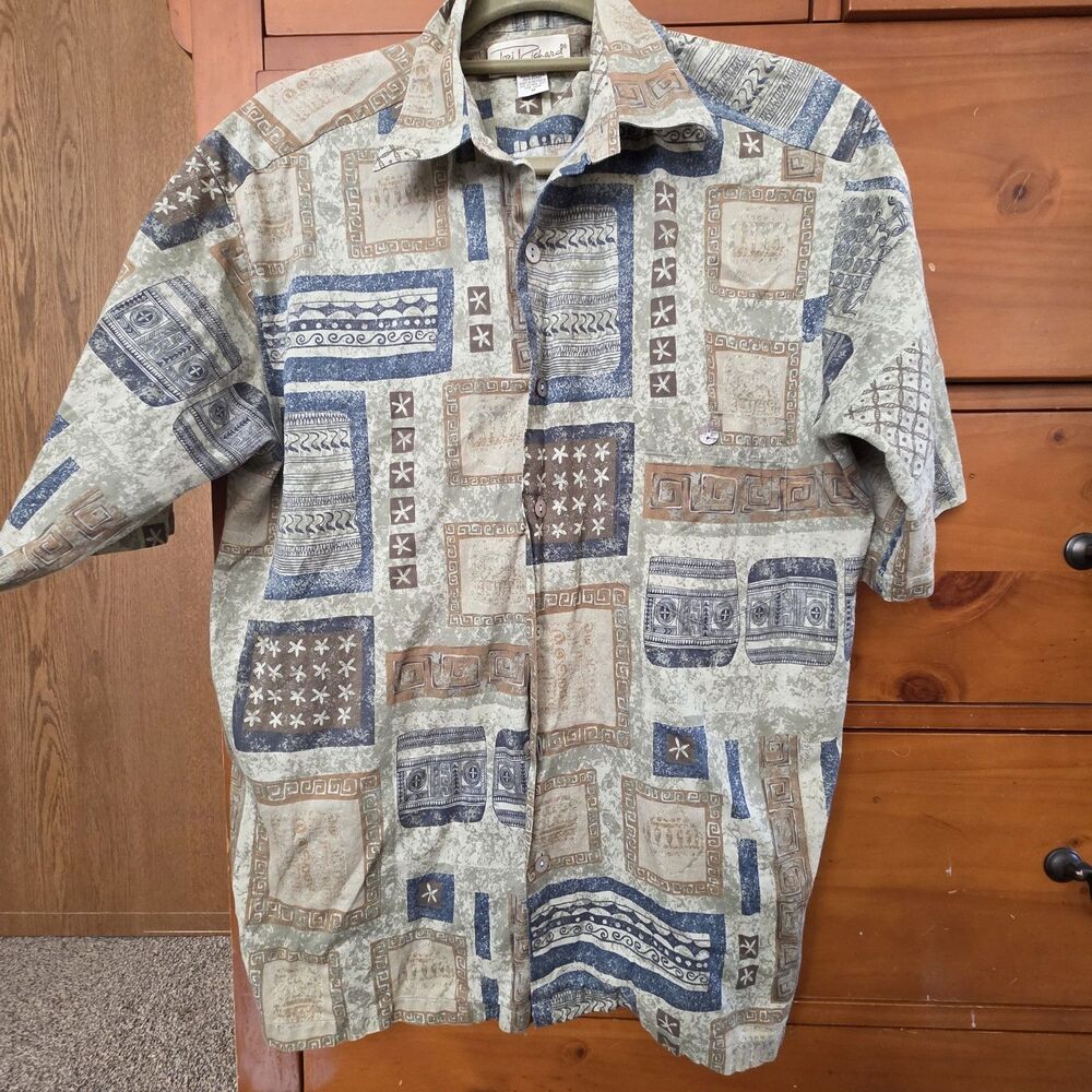 Tori Richard Button Up Shirt Medium Cotton Tan Green Geometric Tropical …